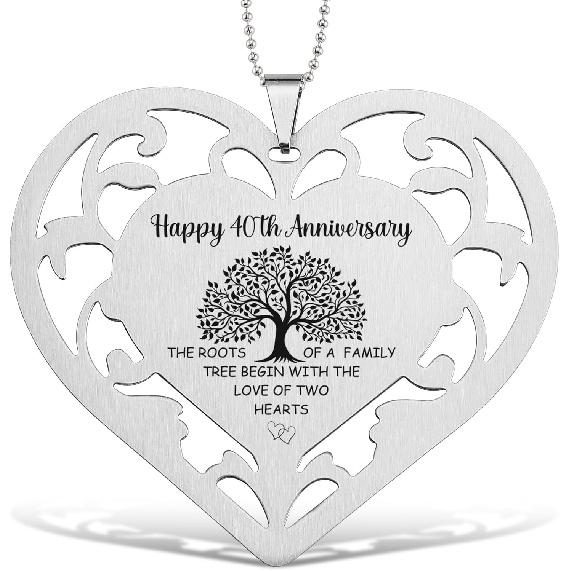 45th Anniversary Ornament - Stainless Steel Heart with Engraved Family Tree Design, Sapphire Wedding Hanging Keepsake, Romantic 45 Year Marriage Happy 40th Anniversary