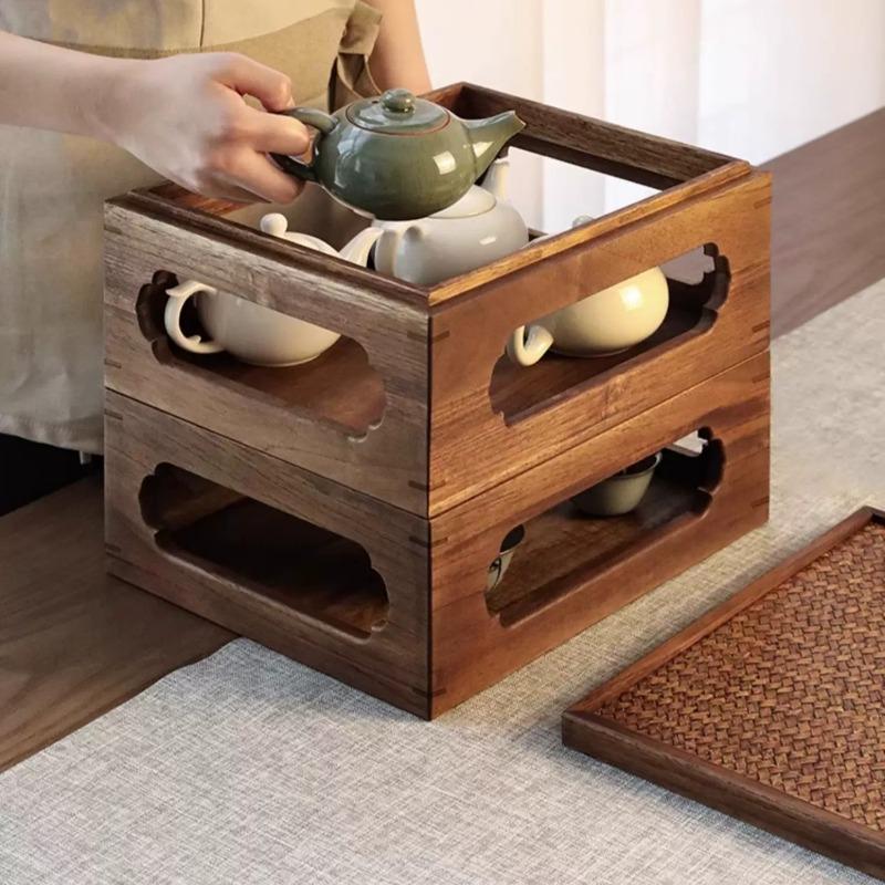 Solid Wood Kungfu Tea Set Storage Box, Dustproof Tea Tray Shelf, Multifunctional Organizer Rack for Home Daily Tea Ceremony