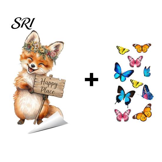 Renters Window Sticker Spring Fox Clings Cartoon Flowers Butterflies Glass Non-glue Decoration Removable Cute Animal Decals for Home Office Shop Decor