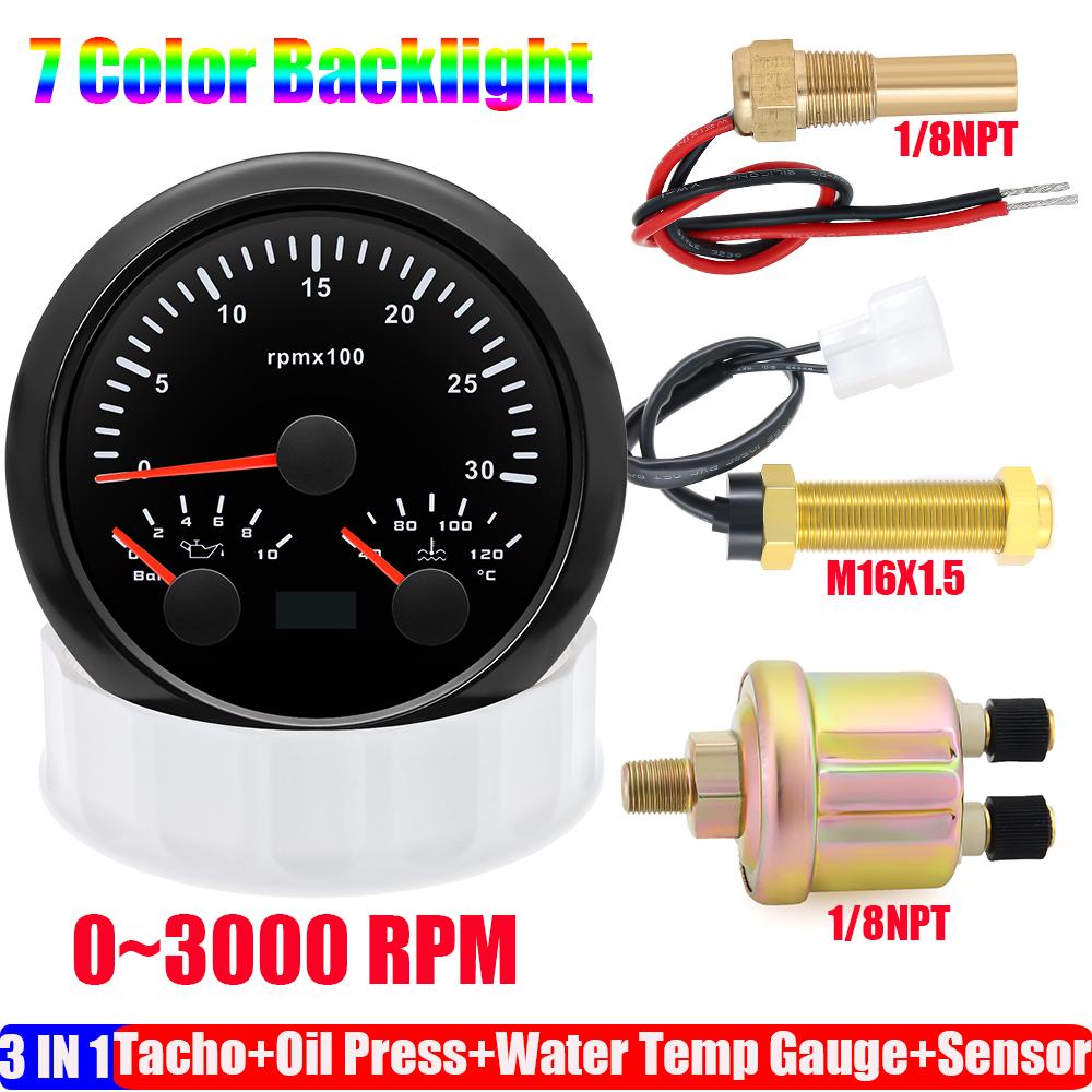 ZMFJH 3000~8000RPM 85MM Tachometer+Oil Pressure+Water Temp Gauge with Sensor 7 Color Light MultiMeter 0~10Bar for Car Boat 9-32V