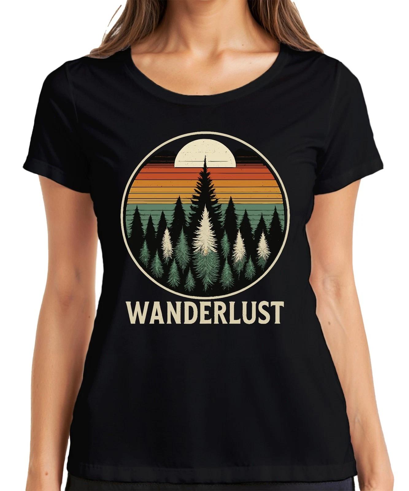 Wanderlust Retro Sonnenuntergang Wald Tannen Camping Wandern Damen T-Shirt M