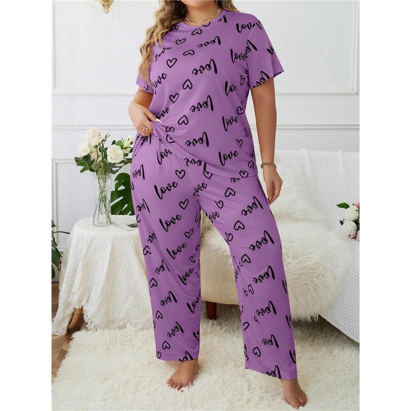 Large Love Love Printed Short Sleeve Pajama Set Loose And Comfortable Two Piece Home Clothes Set