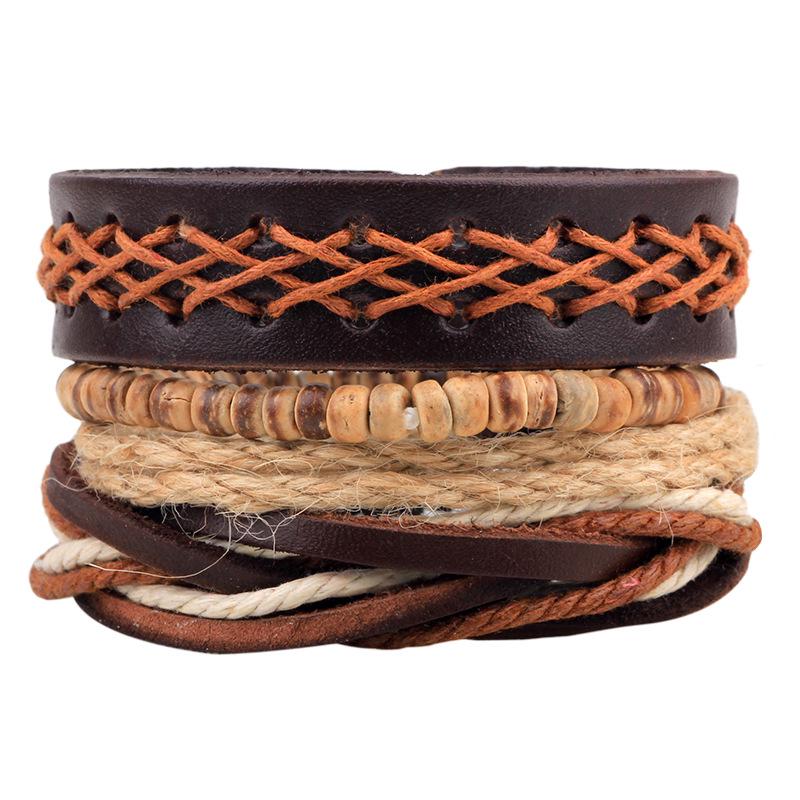 Men's Retro Multi-Strand Cowhide Anchor Bracelet Set with Wood Beads