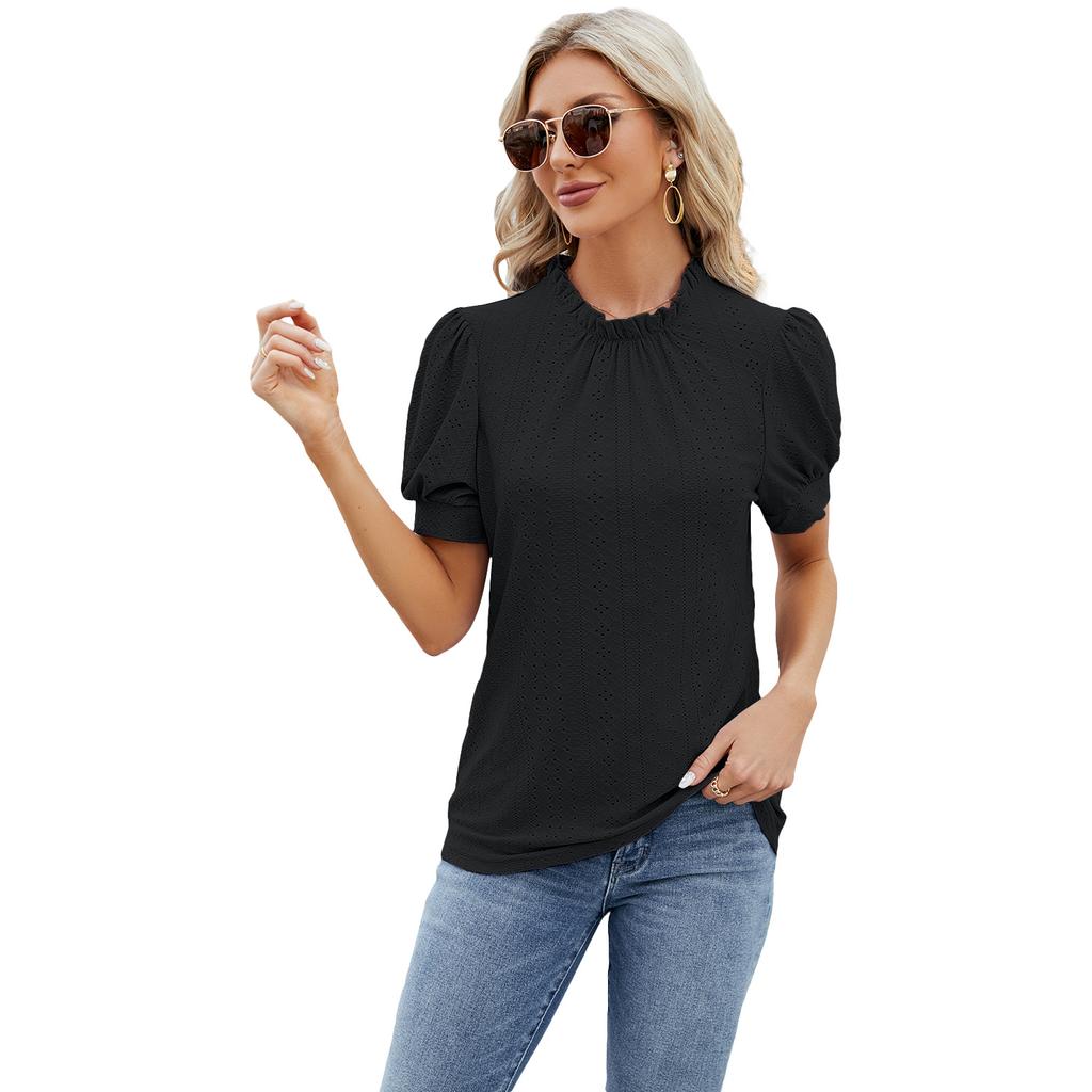Summer Women's T-shirt Lace Neck Bubble Sleeve Loose Pleated T-shirt