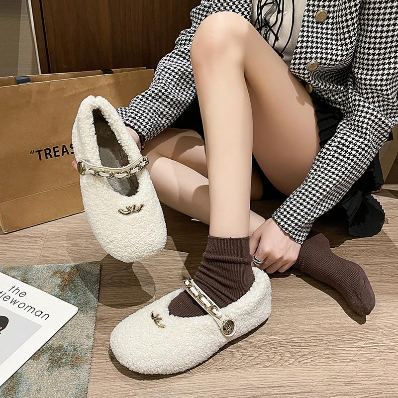 Fashion Aphixta Metal Chain Dec Slip On Flats Soft Fleeces Shoe Shallow Furry Flat With Women Loafers  Slip On Warm Winter Casual Shoes