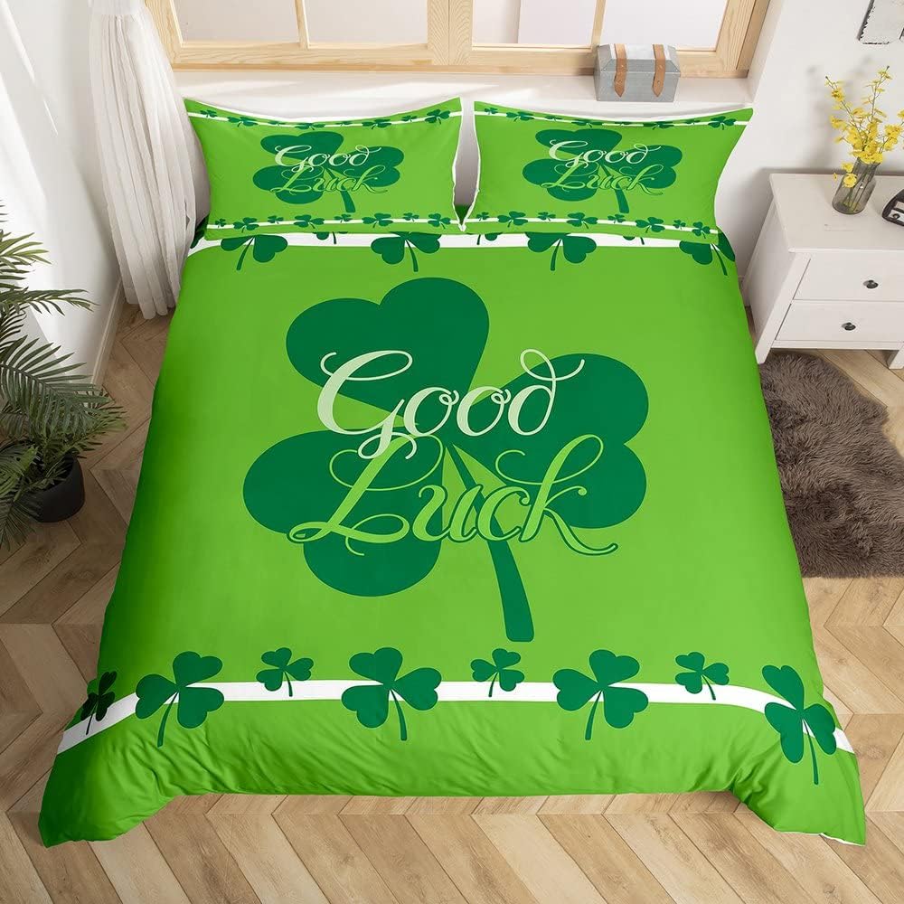 Kids Happy St. Patrick'S Day Duvet Cover Twin Queen Green Clover Comforter Cover With 2 Pillowcases, Colorful Plank Bedding Set