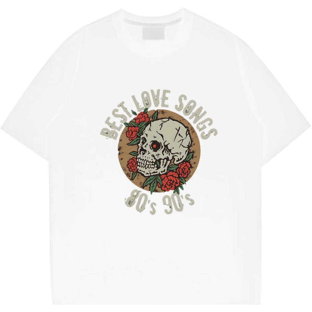 Skull O-Neck Tee Loose Oversize T Shirt American Retro Rapper Tops Classic Creative Cotton Clothes Fashion Men Tshirt DIY