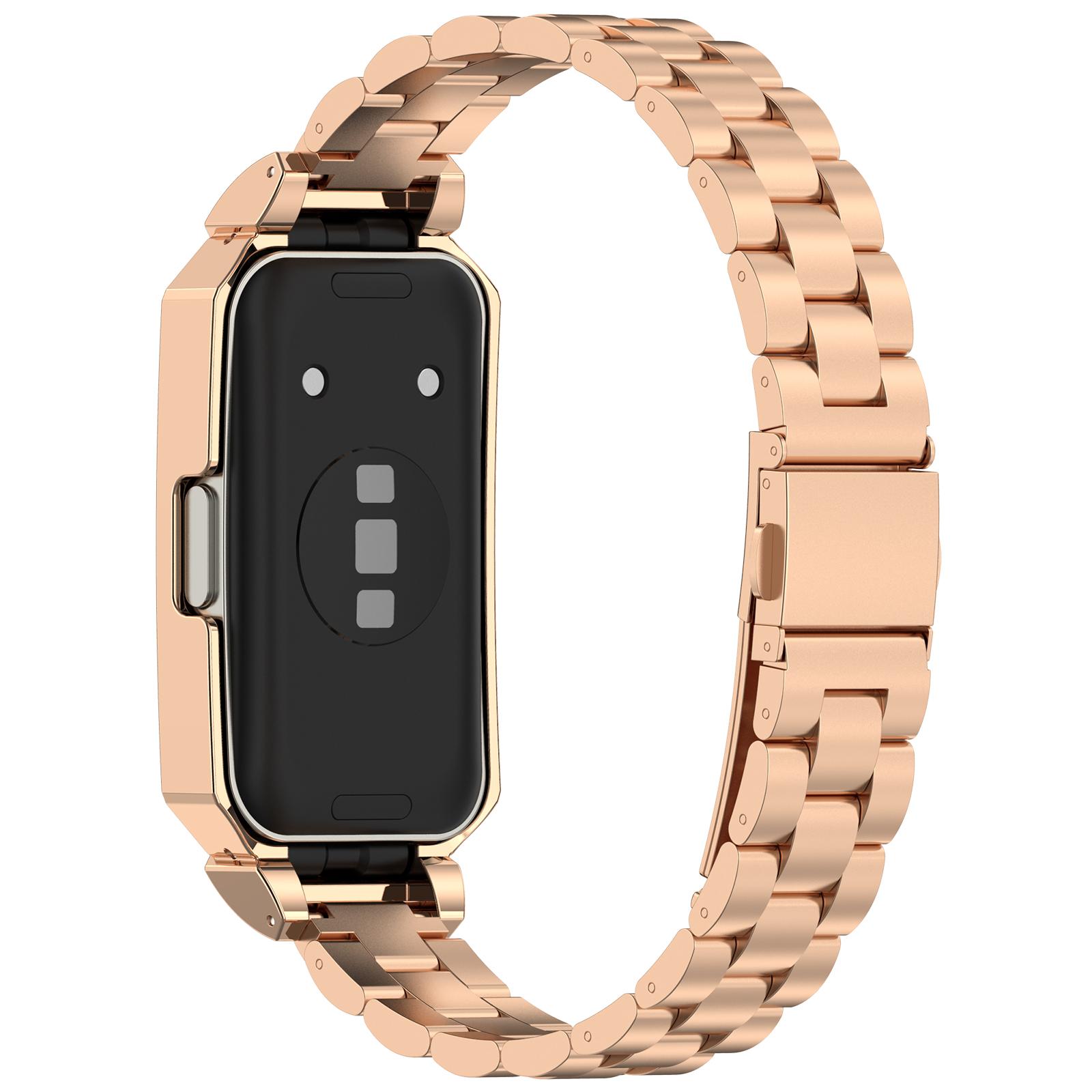 

Metal Frame for Huawei Band 10/10 NFC/9/9 NFC/8/8 NFC Watch Case Integrated Three Bead Stainless Steel Strap Rose Gold