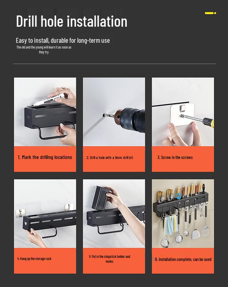 Wall-Mounted Carbon Steel Multifunctional Knife and Cutlery Storage Rack, Punch-Free Installation