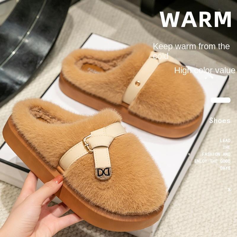 Fashion Winter Women Fluffy Slippers Fashion Belt Thick Sole Outdoor Snow Boots Platform Home Cotton Shoes Plush Warm Indoor Slippers