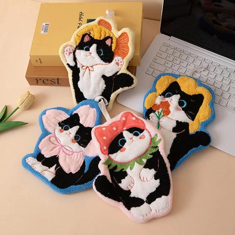Cartoon Korallenvlies Handtuch für Küche Kawaii Katze Handabwischlappen Reinigungstuch Badezimmer Hängehandtuch Saugfähiger Putzlappen