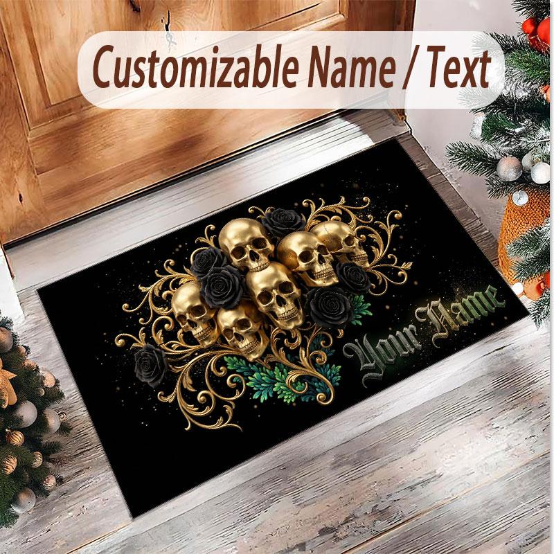 Totenkopf Gothic Thema Weicher Kristall-Samt Teppich Benutzerdefinierter Name & Text Druck Rutschfester Boden Teppich für Schlafzimmer Wohnzimmer