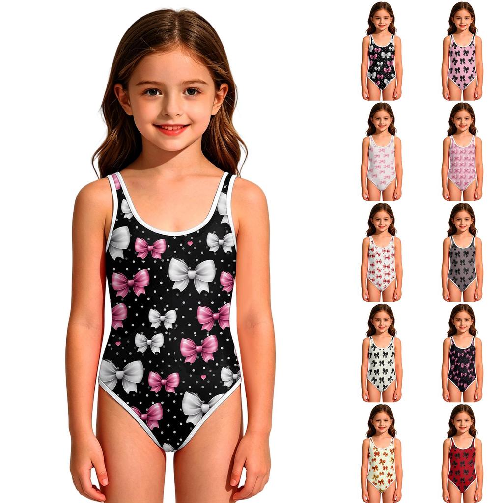 Costume da bagno intero per bambina Stampa con fiocco Scollo rotondo Senza maniche Costume da bagno Adatto per bambini e neonati Tessuto leggero ad asciugatura rapida