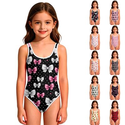 Girls One Piece Swimsuit Bow Print Round Neck Sleeveless Swimwear Suitable for Kids and Toddlers Lightweight Quick Dry Fabric