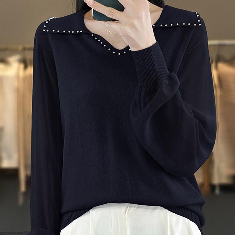 

Женские свитера, пуловеры 2025 Осень-Зима Длинный рукав V-образный вырез Бисеровязаный свитер Женские топы Пуловер JJ191 One Size темно-синий