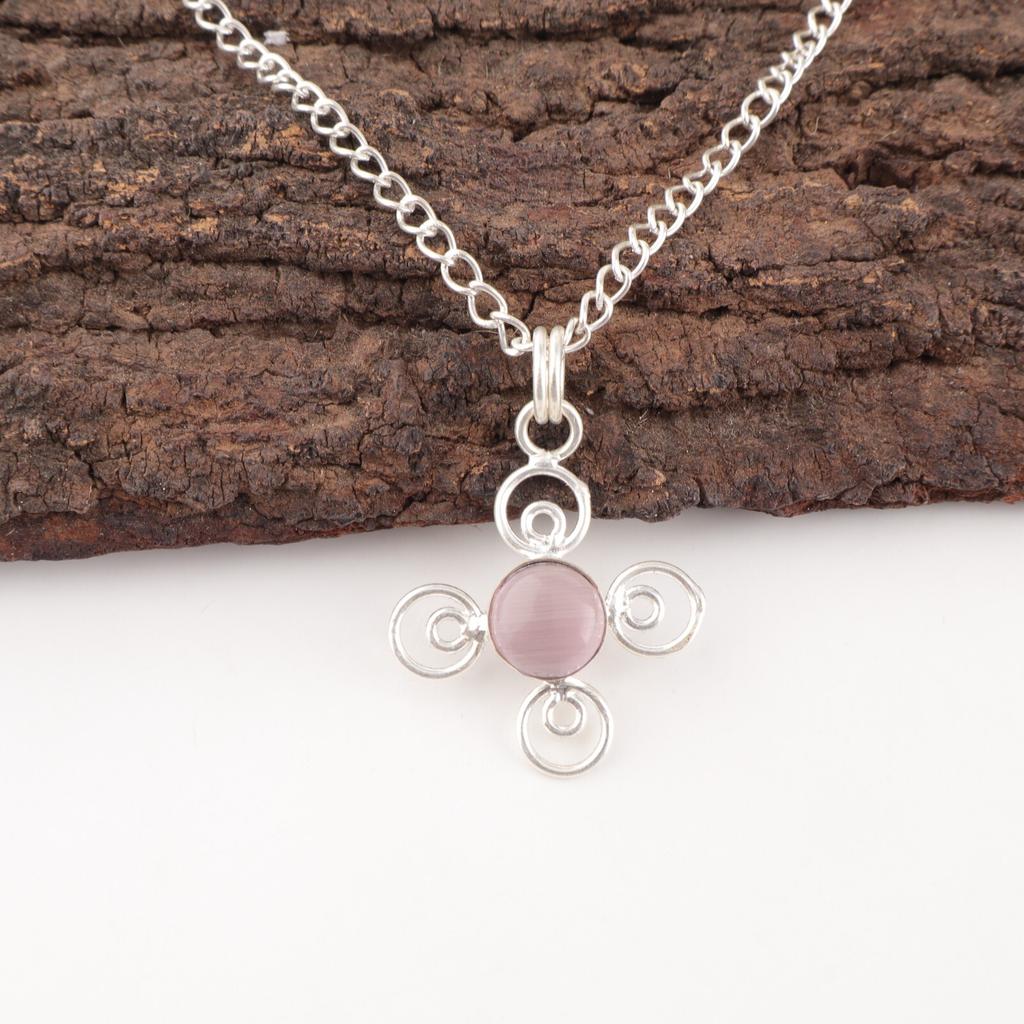 Lila Katzenaugen-Edelstein 925 Gestempeltes Silberschmuckstück Anhänger Blume für Frauen PP-41-44