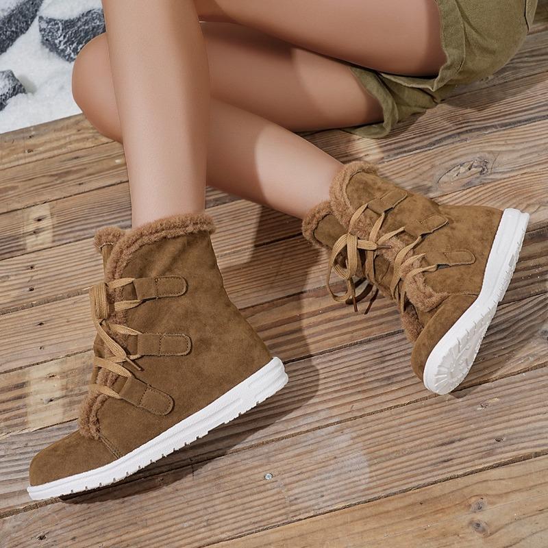 2025 Winter New Lace-up Warm Cotton Shoes Women's Flat Fleece Thickened Plus Size Snow Boots