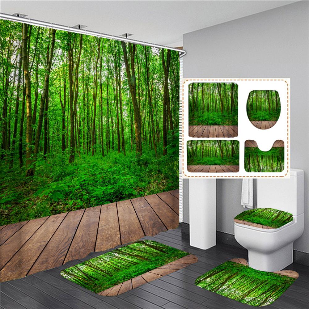 3D Natural Forest Landscape Printed Waterproof Fabric Bathroom Curtain Shower Curtains Set Anti-Skid Rugs Toilet Cover Bath Mat