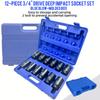 12-Piece 3/4"Drive Deep Impact Socket Set,large Socket Set Impact Grade Socket Set, 6 Point Axle Nut Sockets Set,CR-MO,Metric