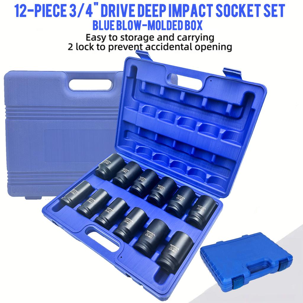 12-Piece 3/4"Drive Deep Impact Socket Set,large Socket Set Impact Grade Socket Set, 6 Point Axle Nut Sockets Set,CR-MO,Metric