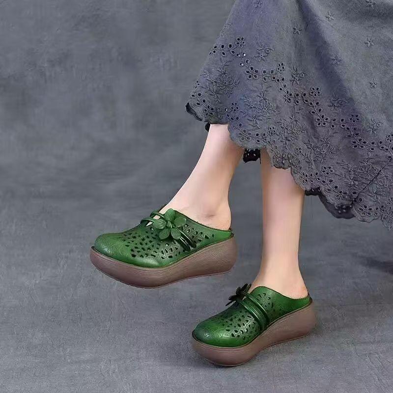 Summer Hollow Retro Soft Leather Half Slippers Women's Summer Thick-soled Flowers Outside the Bag Head Hole Slippers