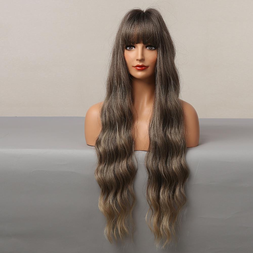 ALAN EATON Long Water Wave Ombre Dark Brown Wigs for Black Women Afro Cosplay Daily Hair Wigs with Bangs High Temperature Fiber