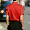 Women's V-Neck Sheer Satin Striped Short Sleeve Blouse Work Business Casual Top