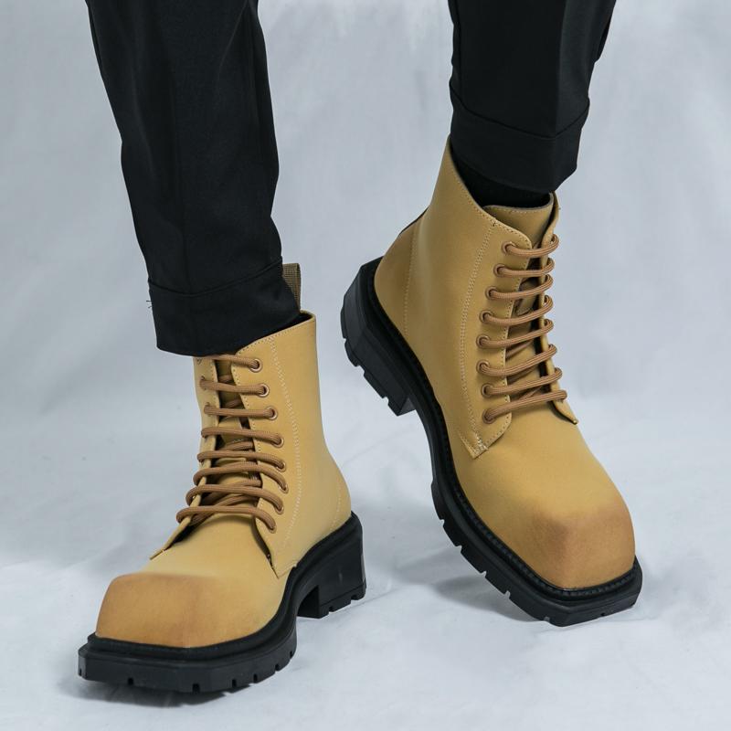 Men’s Retro Punk Thick Sole Platform Boots Jockey Boots Yellow Square Toe Motorcycle Boots High Boots Plus Size
