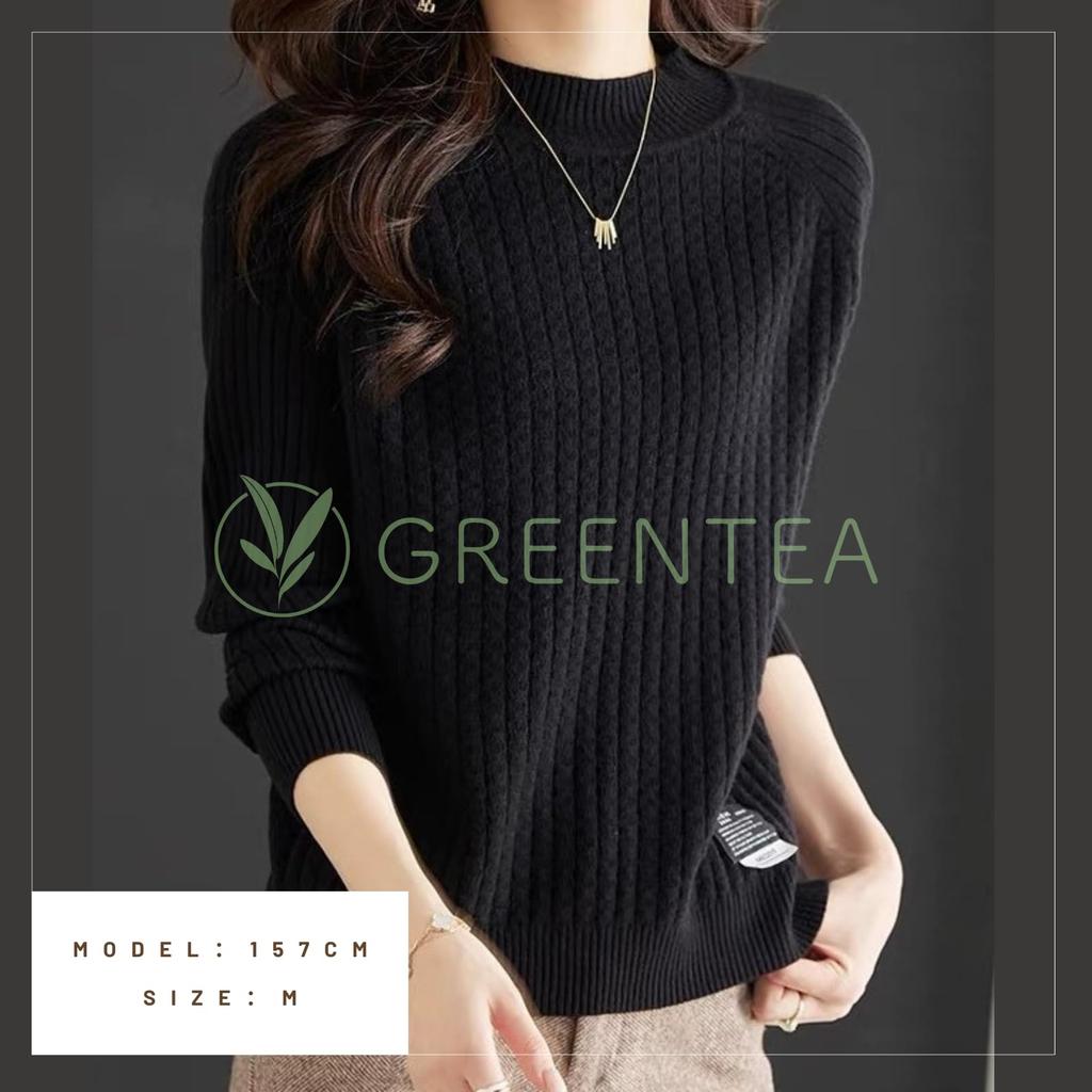 Green Tea Knit Long Solid Size Women's High-Neck Sweater, Sleeve, Ribbed, Simple, Color, Black, L, Autumn/Winter