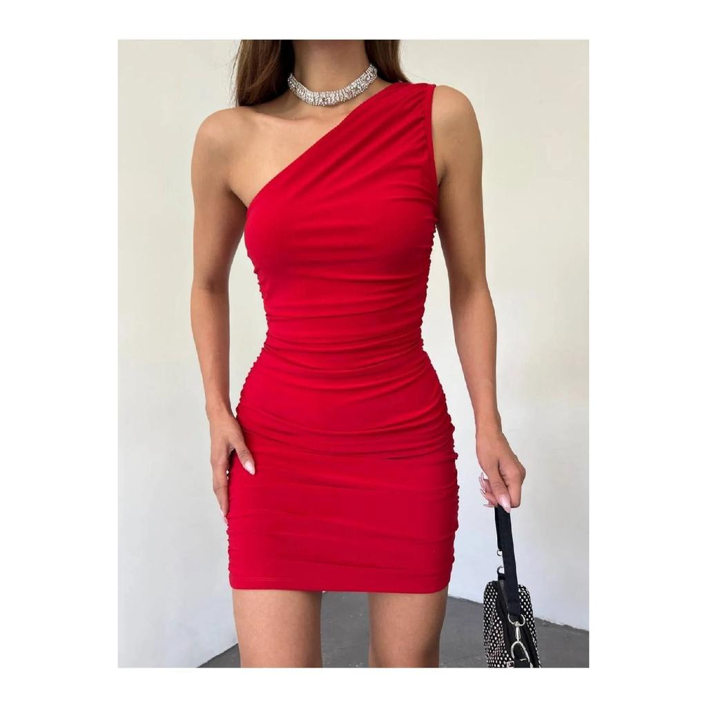 Damska sukienka mini na jedno ramię, marszczona, szczegółowa