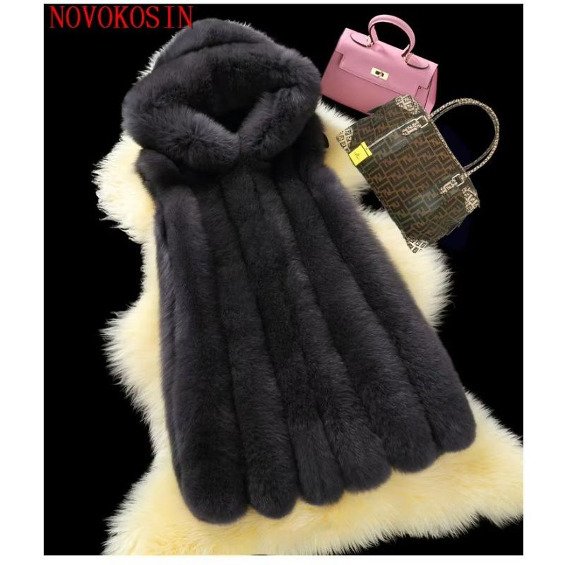 S-4XL Winter Warm Striped Faux Fox Fur Thick Overcoat Women Casual Long Vest Female Open Stitch Cardigan With Hat Slim Coat