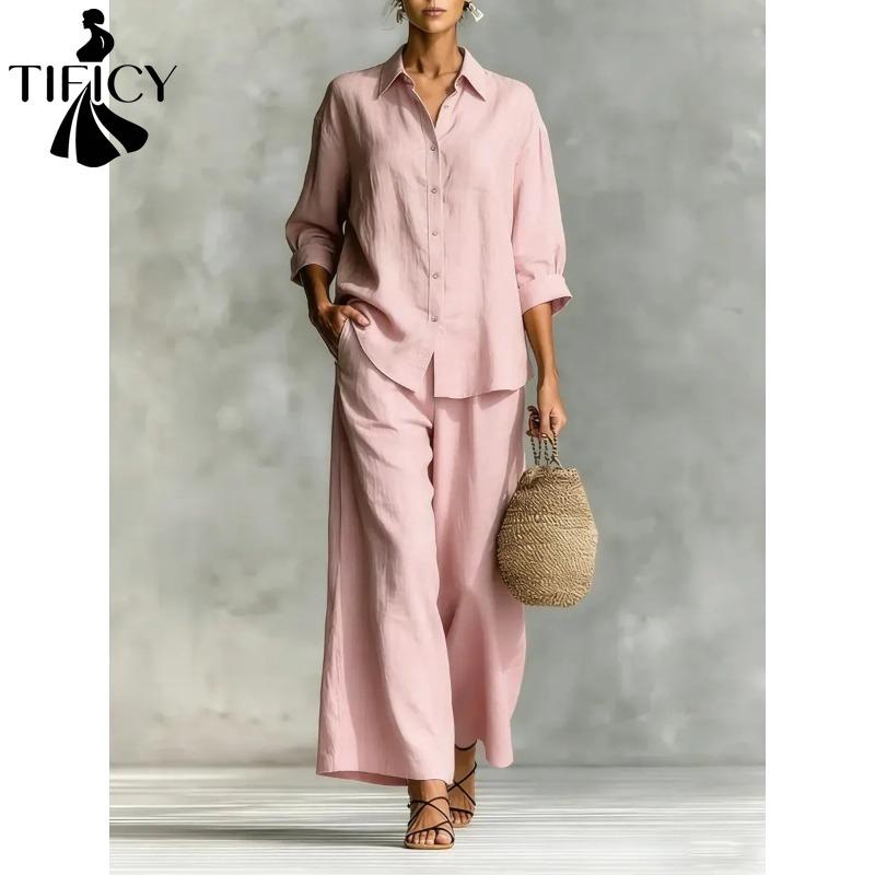 TIFICY Pantaloni da donna moda casual primavera autunno stampa tinta unita manica lunga collo a polo pantaloni tute