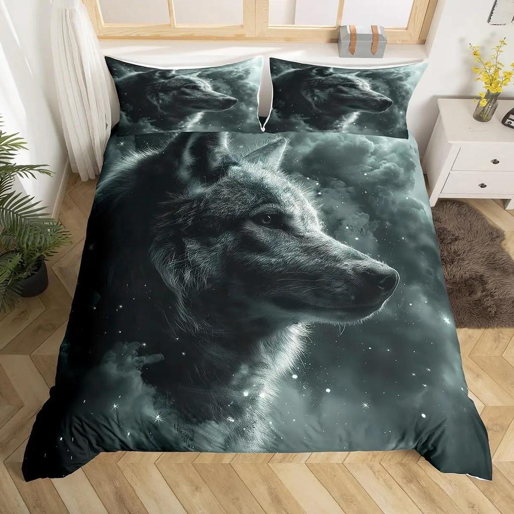 Wolf Duvet Cover Twin King Size, Roaring Wolves Wildlife Bedding Set Aurora Animals Galaxy Print Comforter Cover for Kids Boys