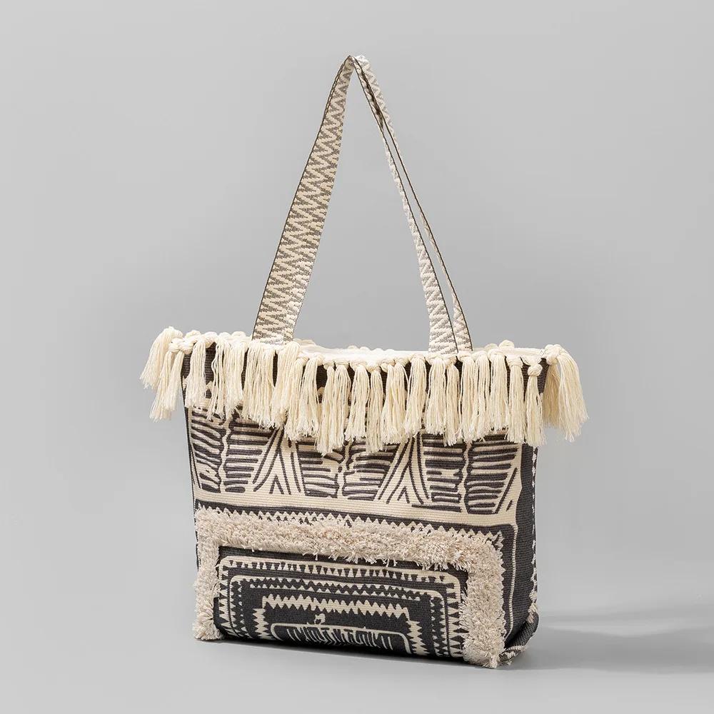 

Fringe Canvas Tote Bag for Women - Large Capacity Crossbody Beach Bag Handcrafted Boho Chic Summer Vacation Tote 50x10x35 CM