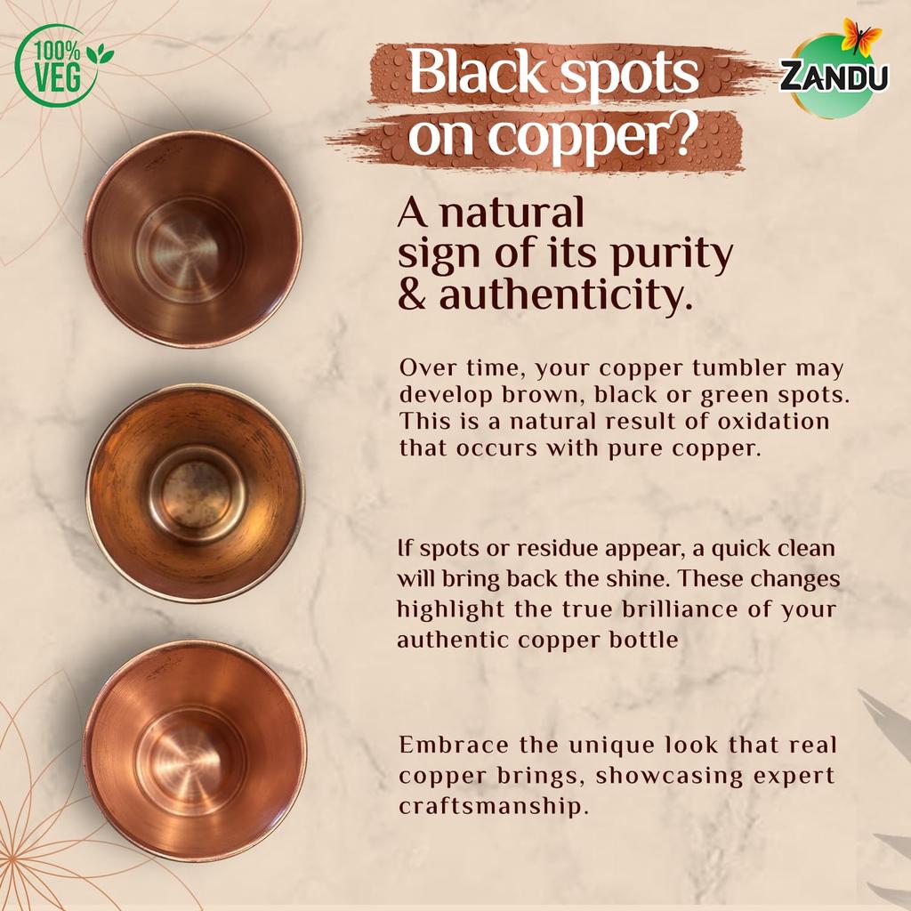 Zandu Pure Copper Water Tumbler Set 2 x 300 ml Eco Friendly BPA Free Reusable Drinking Cups For Home Kitchen Use