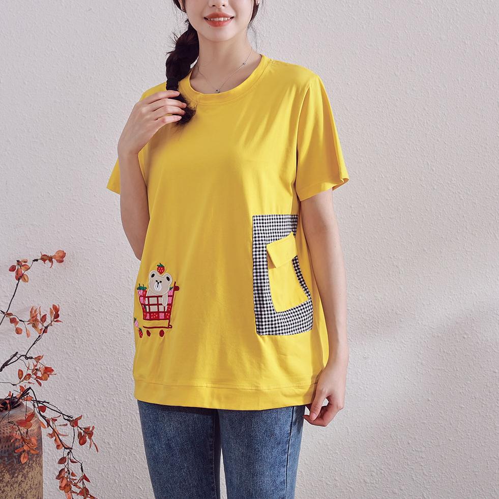 

DIMANAF 2024 Летняя новая футболка женская с вышивкой и принтом свободные повседневные базовые желтые топы с круглым вырезом One Size жёлтый