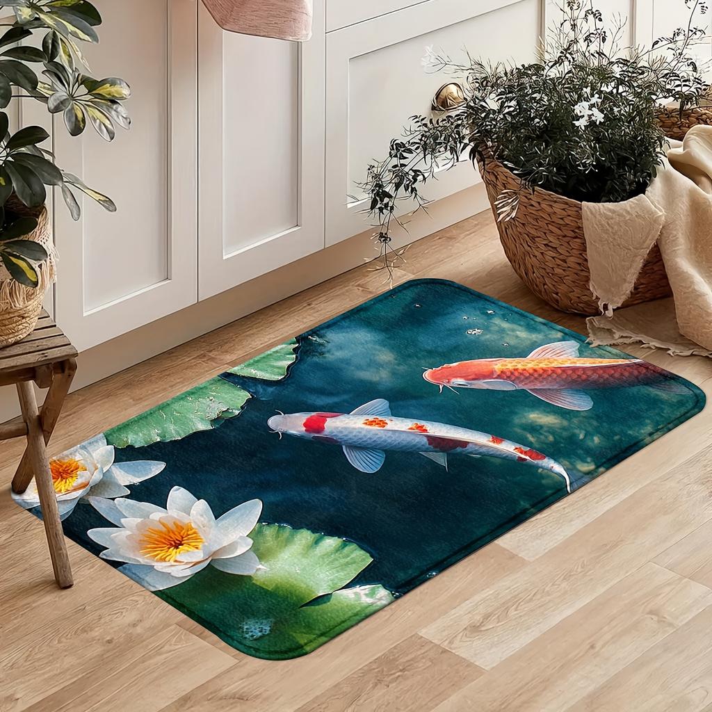 1Pcs Anti Fatigue Door Rugs, Koi Fish Lotus Print Waterproof Non-Slip Thick Cushioned Door Mat Heavy Duty Comfort Standing Mat for Door