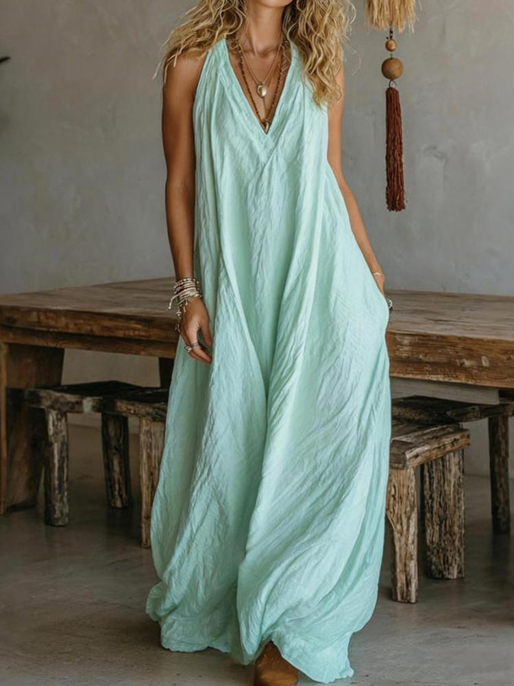 Damen Sommer Locker Ärmellos Schickes Maxikleid, Einfarbig Patchwork Elegantes Partykleid Lässig Einfach V-Ausschnitt Damenkleider