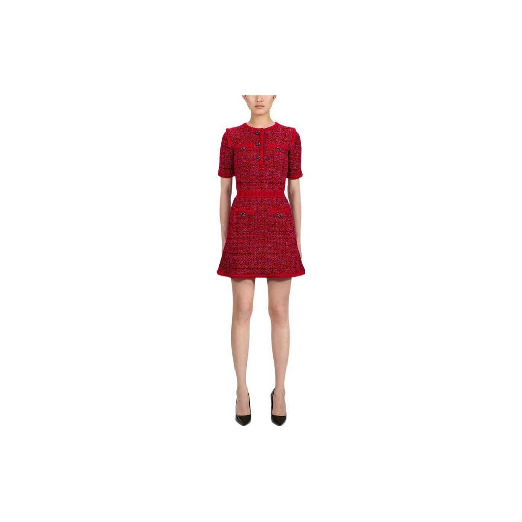Self-Portrait FW22 Boucle Round Neck Short Sleeve Dress Women dresses Red AW22-153