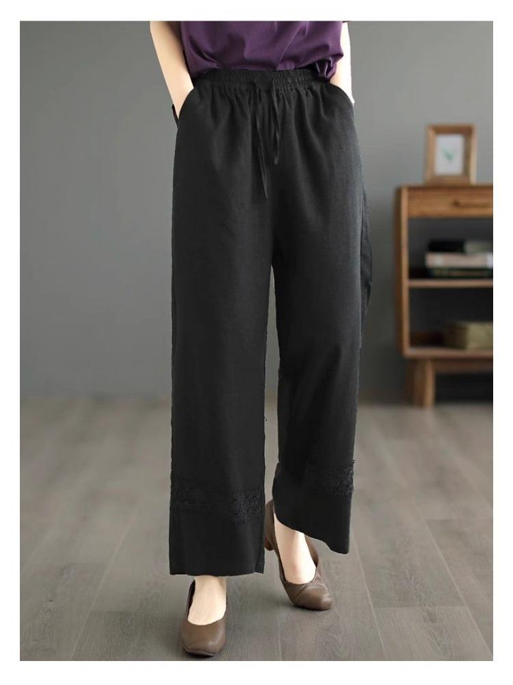 2025 Eleganckie Krótkie Bawełniane Spodnie Proste Damskie Retro Duży Rozmiar Luźne Spodnie z Panelami z Koronki Wiosna Lato Casual Szerokie Nogawki