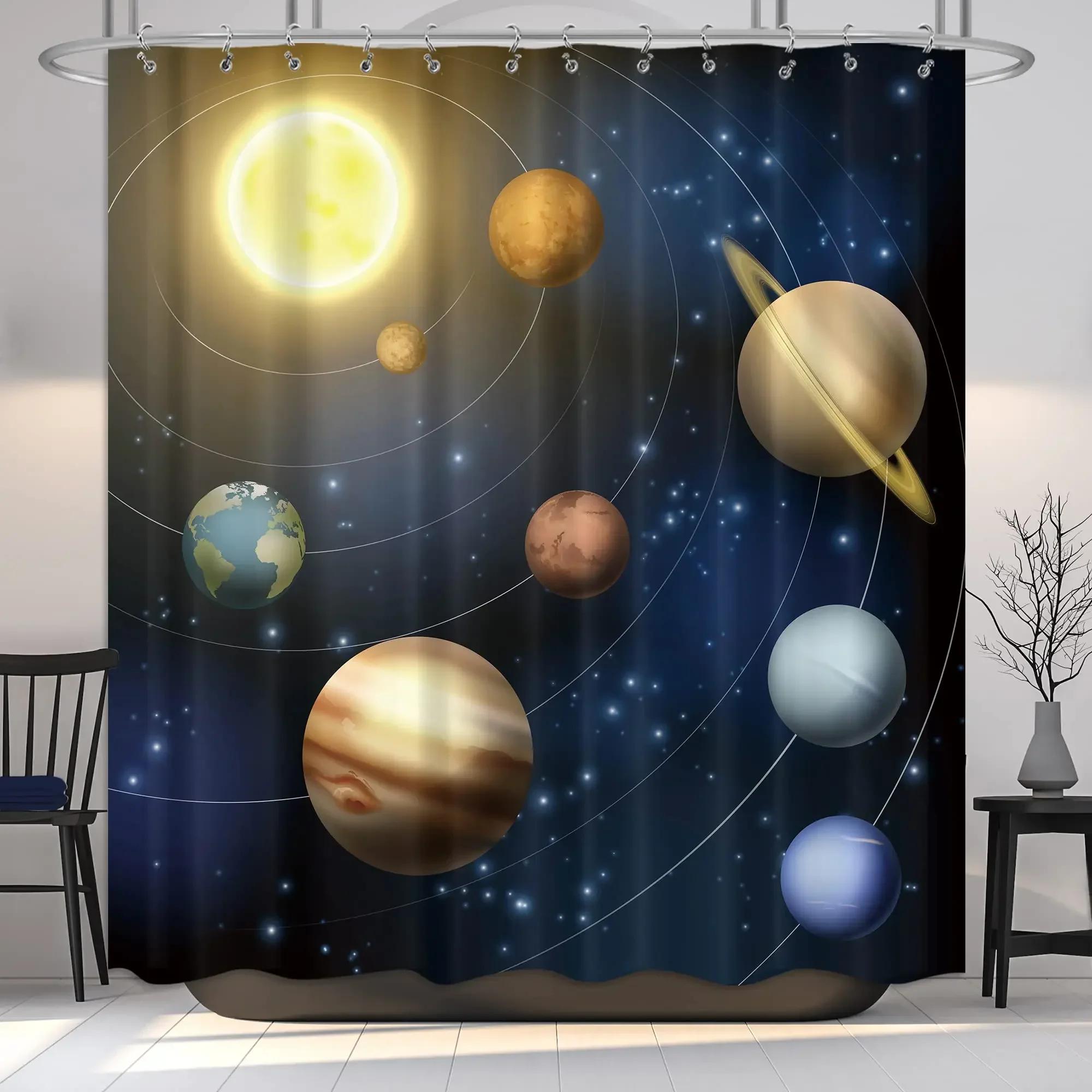 

Planet Solar System Shower Curtain With Hooks Pack Universe Galaxy Space Educational Planetary Orbit Decor Fabric Bathroom Set W60H190(CM)-1 Pcs