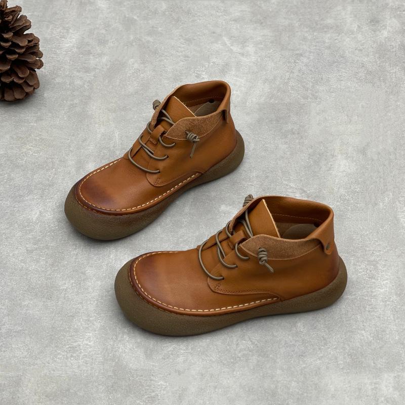 Johnature Handmade Genuine Leather Women's Shoes Versatile British Style Round Toe Cowhide Ankle Boots