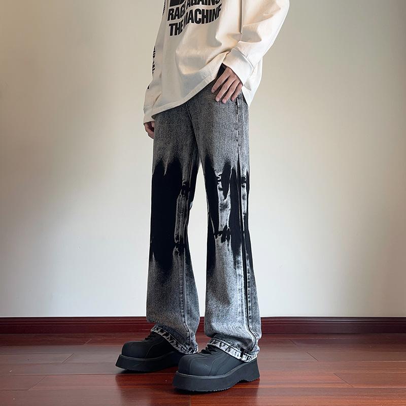 Snowflake gray tie-dye micro-pull jeans men's spring and autumn tide brand American high street vibe pants slim-fit narrow straight-leg pants