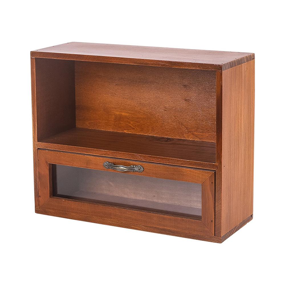 1PC Solid Wood Vintage Double Door Display Cabinet Sundry Cosmetics Drawer Wooden Desktop Storage Box