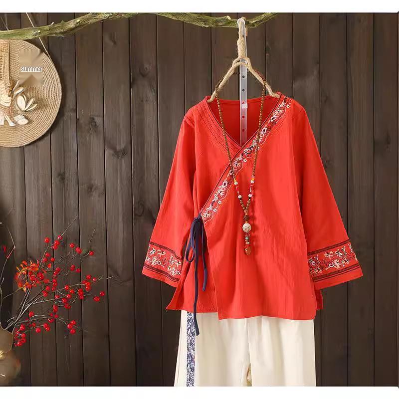 Women's Embroidered Loose Cotton Linen Blouse Cardigan - Tie-Up Spring/Summer Top