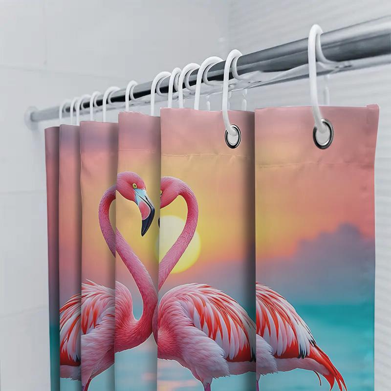 Graceful Pink Flamingos Shower Curtain for Bathroom - Tropical Water Scene with Sunset and Moonlight Waterproof Polyester