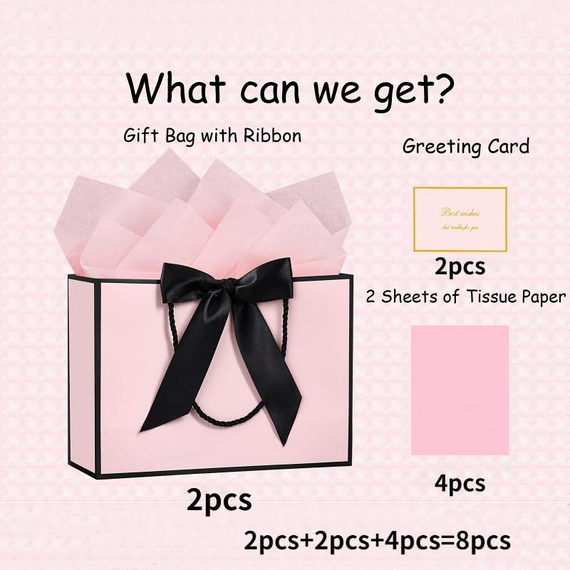 

8 large and elegant gift bags, hand-held shopping bags (2 gift bags with bow ribbons, 2 greeting cards and 4 thin papers) 8pcs розовый