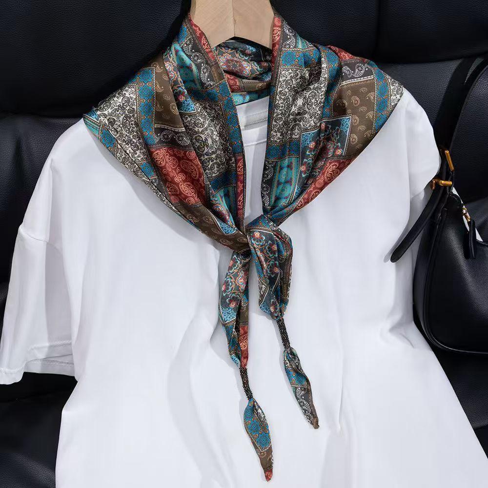 New simulated silk triangle scarf women's cashew flower small shawl neck protection silk scarf scarf fashion versatile scarf