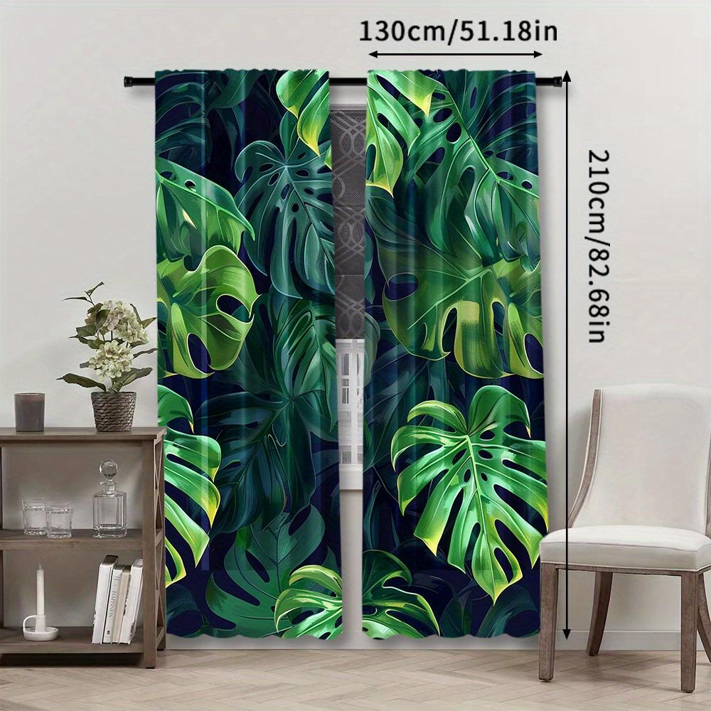 2pcs Tropical Palm Leaf Pattern Semi-Sheer Curtains - 100% Polyester Pongee   Woven Rod Pocket Top   Contemporary Style   Room Dark