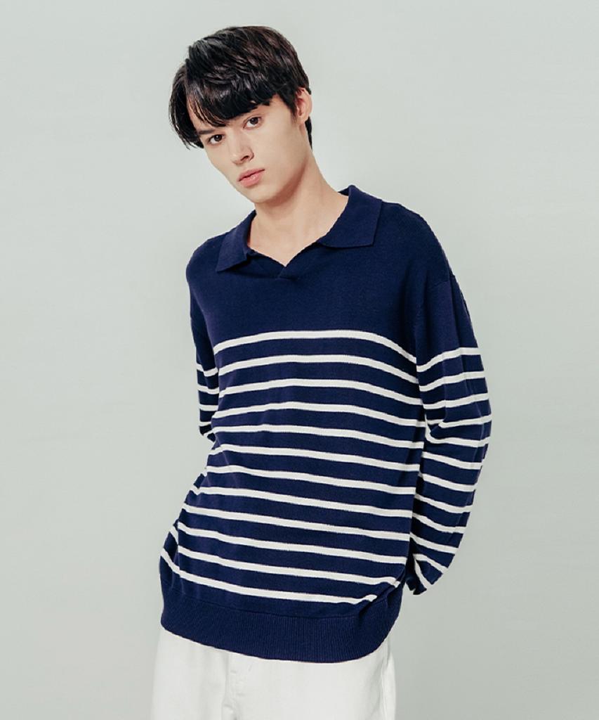 ADHOC Men'S Striped Collar Sweater (Dk-Navy)